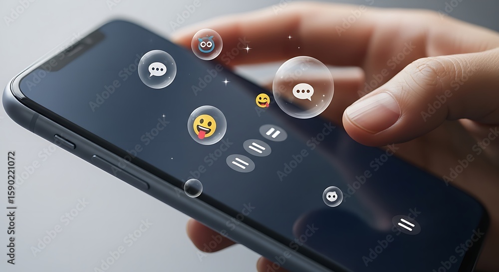 Poster close up of a hand holding a phone with animated emojis and message bubbles floating on the screen