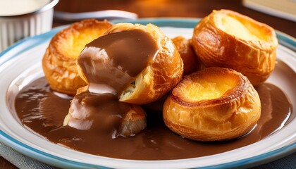 golden yorkshire puddings with roast beef and gravy n traditional british sunday roast