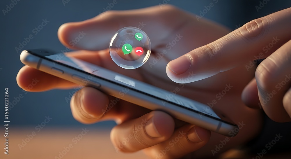 Poster person using smartphone with call icons in a bubble above the screen and hand touching screen