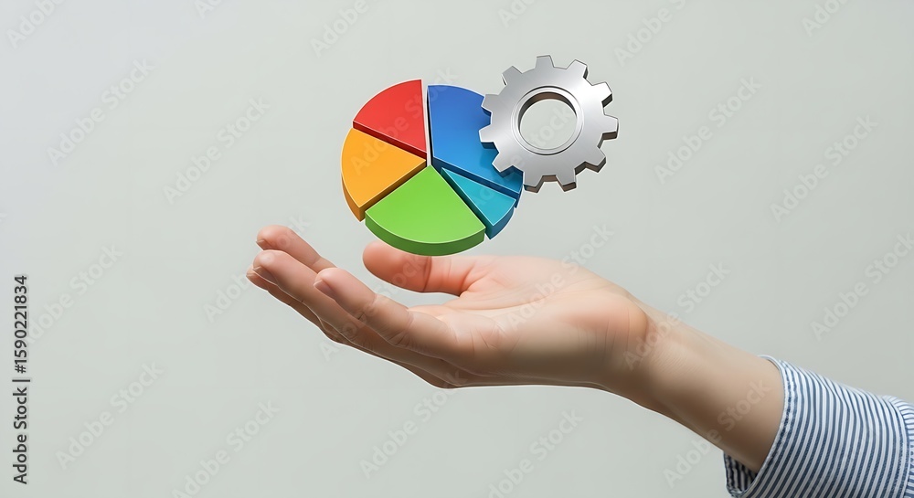 Aufkleber a hand holding a pie chart with different colored segments and a gear floating above the chart
