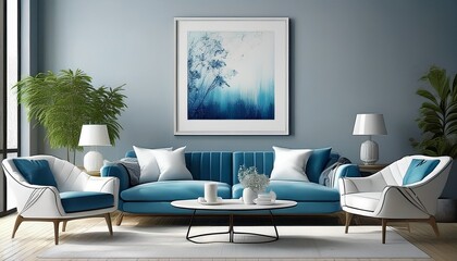 a white frame on the wall a blue and white sofa armchairs coffee table in the living room ai generation