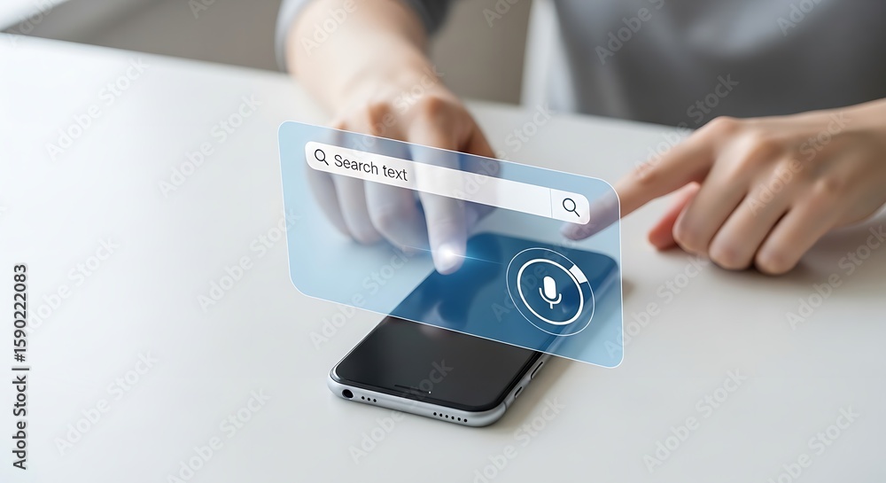Poster person using virtual search bar on smartphone with microphone icon on a white surface