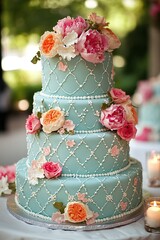 Big four tier cake teal colored wedding cake, adorned with flowers