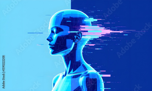 Futuristic AI Woman Portrait with Abstract Data Stream, Blue Tones