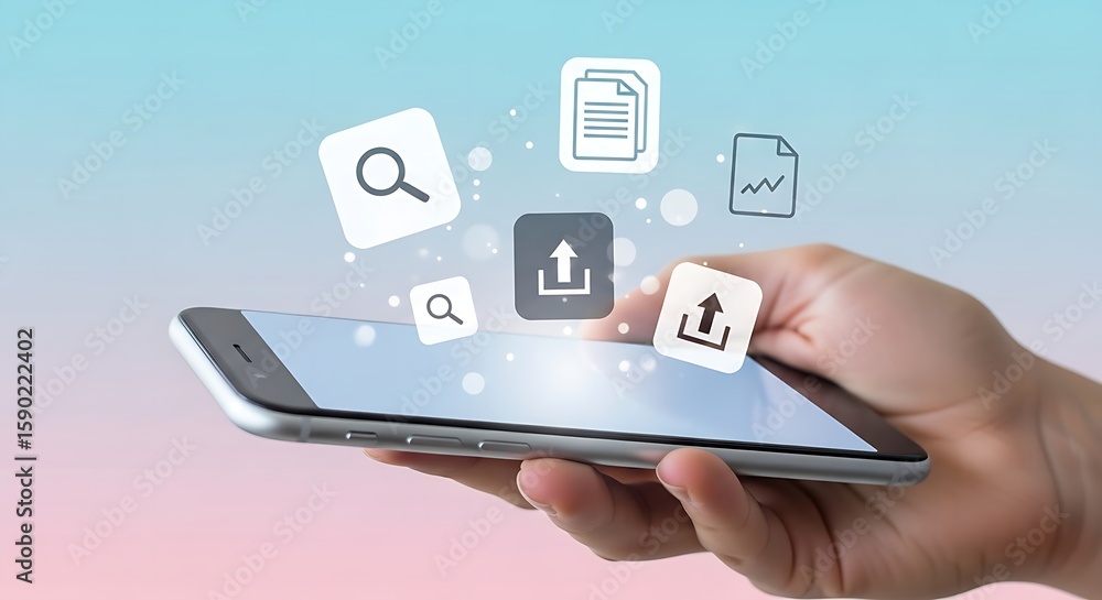 Poster hand holding smartphone with floating icons of search upload and document against gradient backgroun