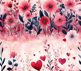 Vibrant floral pattern with pink and red flowers, leaves, and hearts creates romantic and whimsical design. watercolor style adds soft, dreamy feel, perfect for Valentine themes