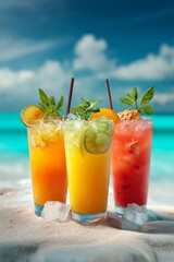 Three colorful cocktails are served on a sandy beach, surrounded by ice cubes. The vibrant drinks are garnished with fresh fruits and mint, against a stunning ocean backdrop