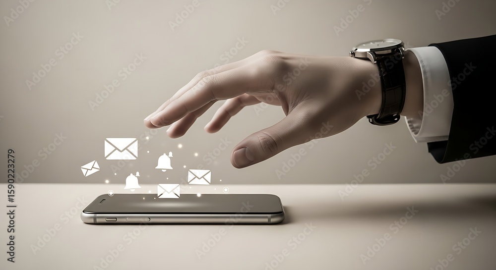 Poster a hand reaching for a smartphone with email and notification icons hovering above it on a light surf