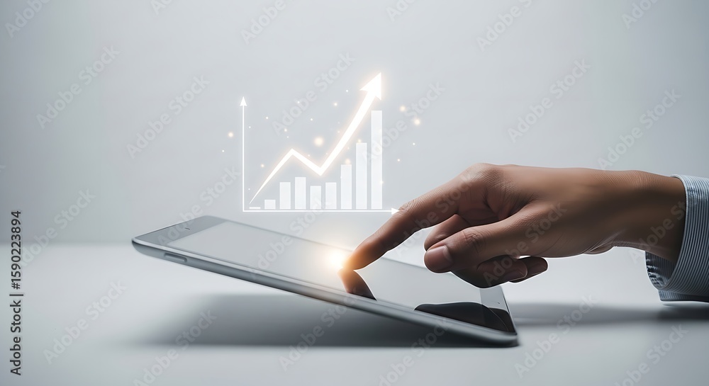 Aufkleber hand touching a tablet with a graph showing upward trend on a white background in a studio shot
