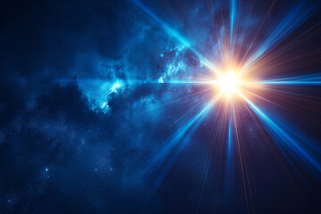 Exploding starburst radiating intense blue cosmic rays. Futuristic energy flare in deep space perfect for sci-fi themes, tech designs, or fantasy backgrounds.