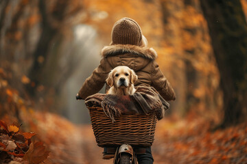Child riding bicycle with golden retriever puppy in basket, surrounded by autumn foliage and warm colors, capturing a joyful outdoor adventure in nature