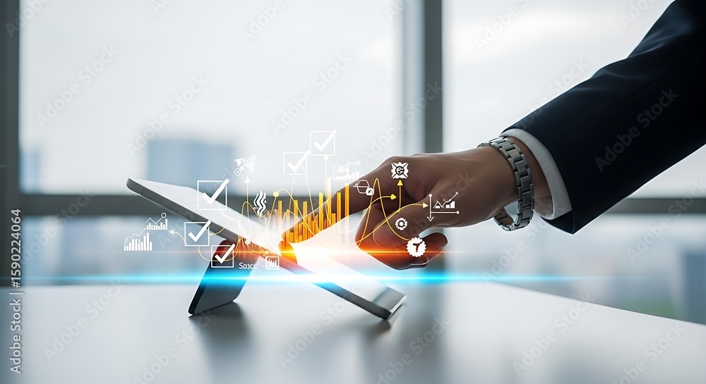 Aufkleber a person's hand interacting with a tablet displaying data graphs and checkmarks in a bright setting