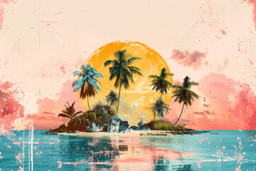 Tropical island landscape featuring palm trees silhouetted against a vibrant sunset with a large sun and serene water reflections, evoking a peaceful paradise atmosphere