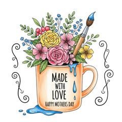 Hand drawn illustration of a mug filled with flowers and a paintbrush saying happy mothers day isolated on transparent background