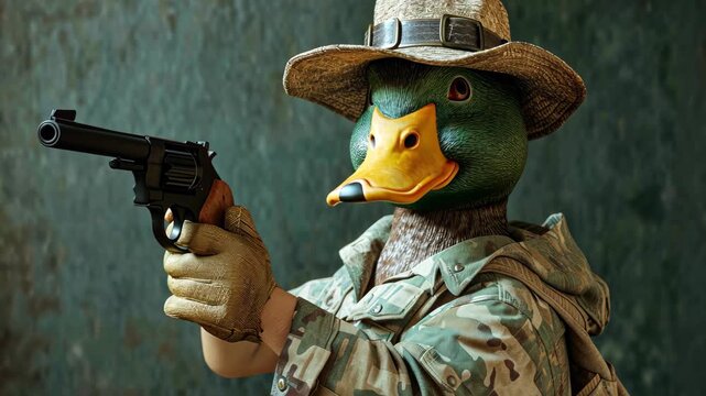 Duck Hunter: A person wearing a duck mask and camouflage clothing aims a revolver. The image has a gritty, dark, and humorous feel.