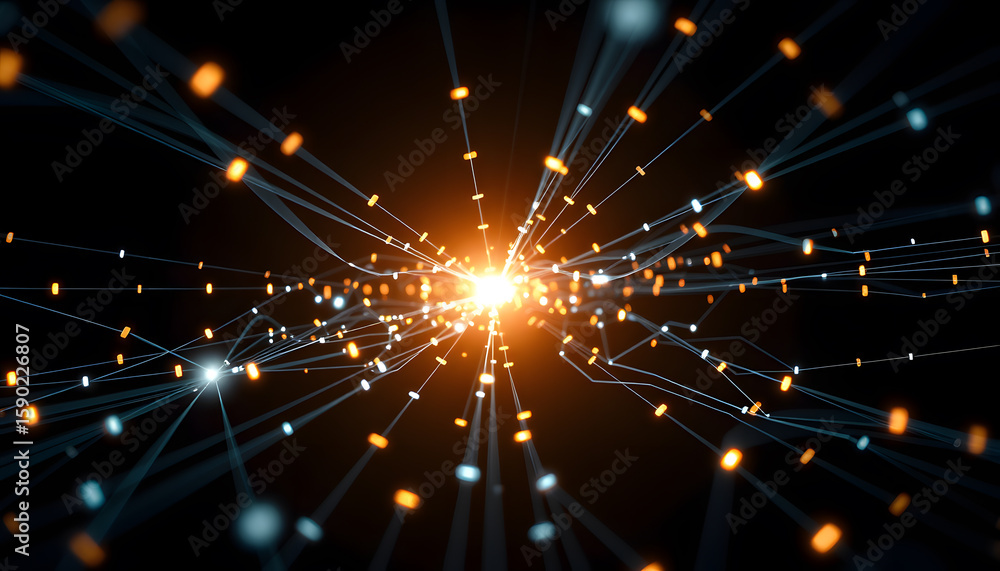 Poster an abstract network of glowing orange and white dots connected by lines radiates from a bright centr