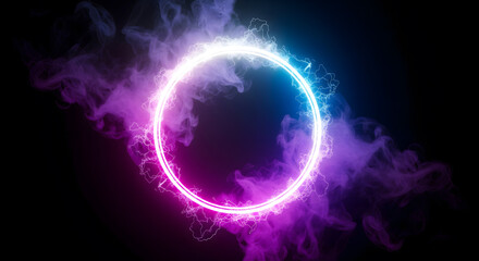 Obraz premium A vibrant neon ring glows with blue and pink hues, surrounded by swirling purple and blue smoke against a dark background, creating a mystical aura