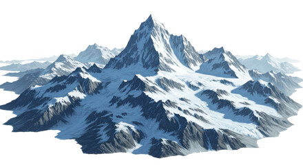 Majestic snow covered mountain range with sharp peaks and icy slopes isolated on transparent background