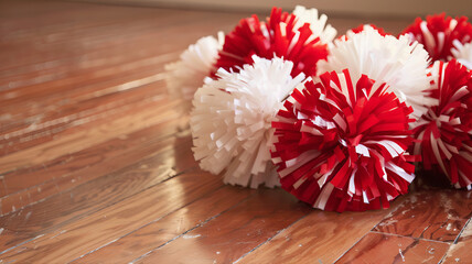 Red and White Cheerleading Pom Poms on Wood Floor: A vibrant collection of red and white cheerleading pom-poms arranged artfully on a hardwood floor.