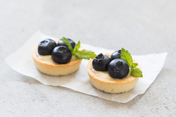Two Blueberry tartlets. Light gray background. Close up