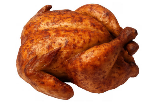 Whole roasted chicken, crispy and golden brown, isolated on transparent background, perfect for food and recipe concepts