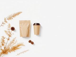 Coffee and Snack Packaging Mockup with Natural Dried Plant Decor on a Clean White Background