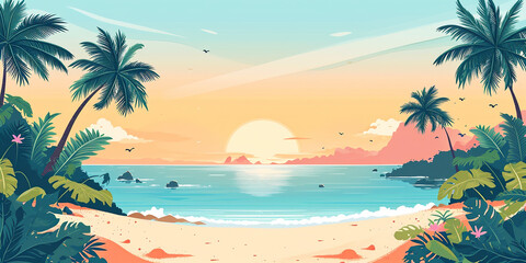 Tropical beach scene with palm trees, vibrant sunset, and gentle waves lapping at the shore, creating a serene and picturesque coastal atmosphere