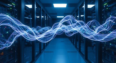 Data Center Visualization: Glowing Energy Flowing Through Server Racks, Futuristic Concept.