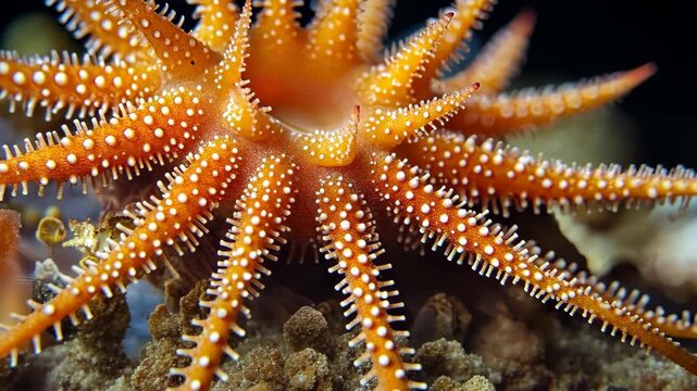 Sunstar close-up: A sunstar marine creature with many arm, displaying its unique beauty.