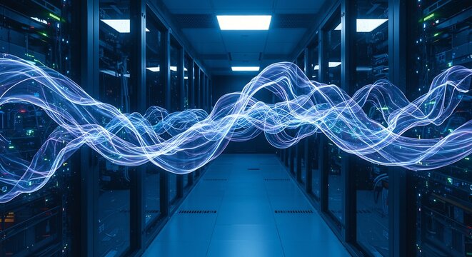 Data Center Visualization: Glowing Energy Flowing Through Server Racks, Futuristic Concept. - Powered by Adobe