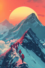 Group of climbers trekking along a snow-covered mountain ridge at sunset, with vibrant colors illuminating the sky and peaks in the background