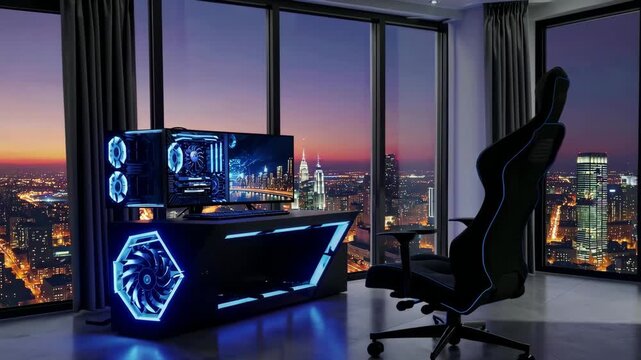 Futuristic gaming setup in highrise city apartment during sunset
