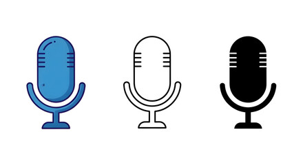 Three microphone icons in blue outline and black on a white background in a vector illustration style