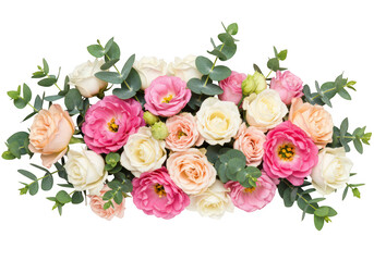 Beautiful mixed bouquet of pink white and peach roses with eucalyptus leaves isolated on transparent background