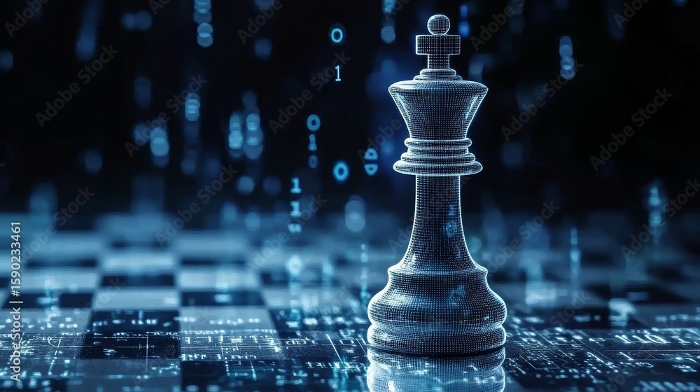 Poster white chess king strategizing on binary code motherboard, symbolizing digital age decision making