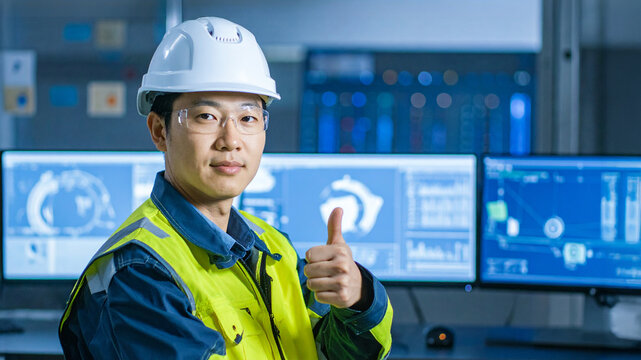 A skilled engineer giving a thumbs up in a modern industrial setting. The engineer wears a safety helmet and vest