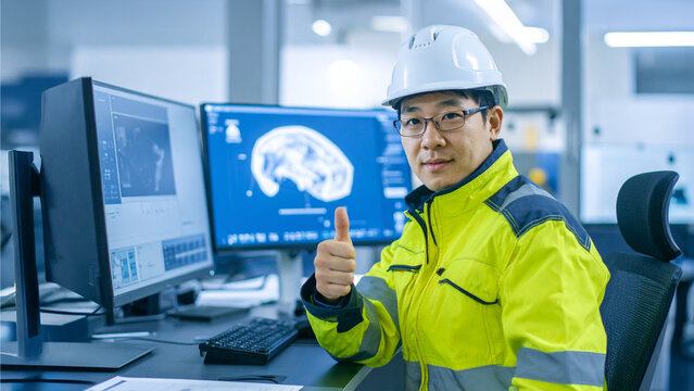 A confident engineer giving a thumbs-up in a high-tech control room