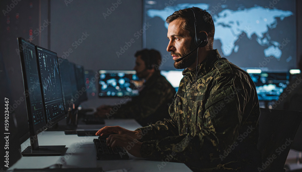 Poster military personnel working diligently in a control room, focusing intently on the computer screens a
