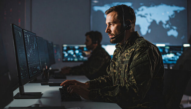 Military personnel working diligently in a control room, focusing intently on the computer screens and communicating via headsets. The scene conveys a sense of seriousness and precision.