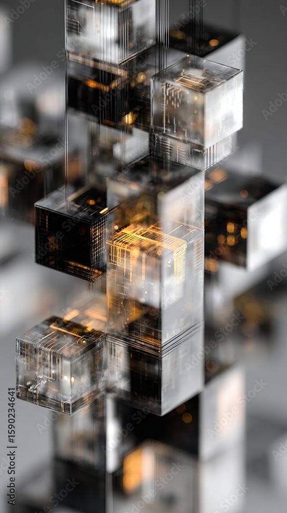 Poster transparent and reflective cubes stacked vertically with internal golden lights, creating a futurist