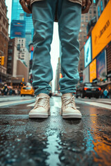 Individual standing on a wet city street, wearing stylish sneakers and casual attire, surrounded by urban scenery and vibrant advertisements, showcasing city life