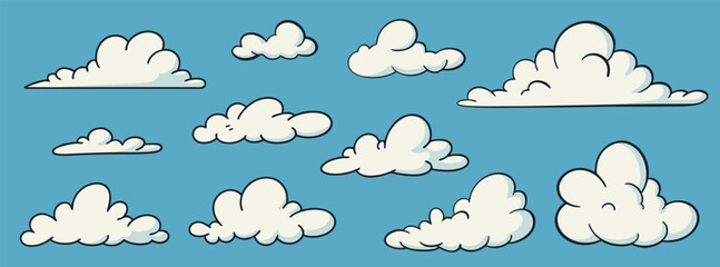 Cartoon Cloud Collection on Blue Sky Background in Fun Hand-Drawn Style for Weather and Sky Design.