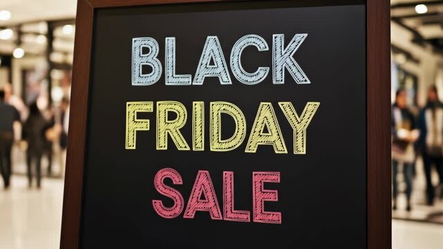 Blackboard sign displaying "BLACK FRIDAY SALE" in colorful chalk text in a blurred shopping mall, advertising holiday discounts and retail events