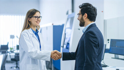 Two professionals in a laboratory shaking hands, signifying collaboration and partnership. A woman in a lab coat shakes hands with a man wearing a suit