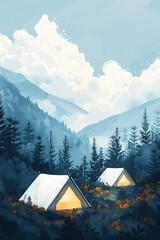 Scenic illustration of two camping tents glowing warmly in a serene forest landscape surrounded by majestic mountains and a cloudy sky, evoking a sense of adventure