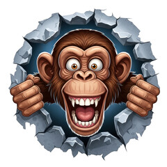 Excited cartoon chimpanzee peeking and breaking through a stone wall isolated on transparent background