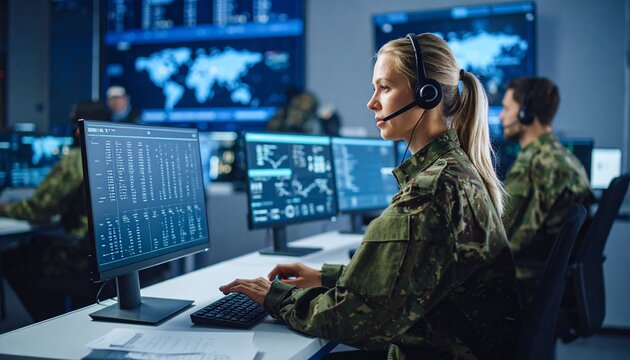 An intelligent operator with headset is working diligently at a computer monitor in a sophisticated control room environment. - Powered by Adobe