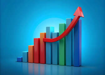 Colorful Bar Graph with Upward Red Arrow Representing Business Growth