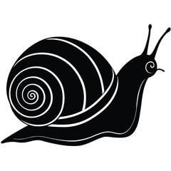  Pure black design of a garden snail in side view, spiral shell and extended antennae visible, crawling pose, isolated on white background. 