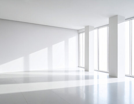 Empty Minimalist White Room with White Walls and Bright Light. Generated image. 